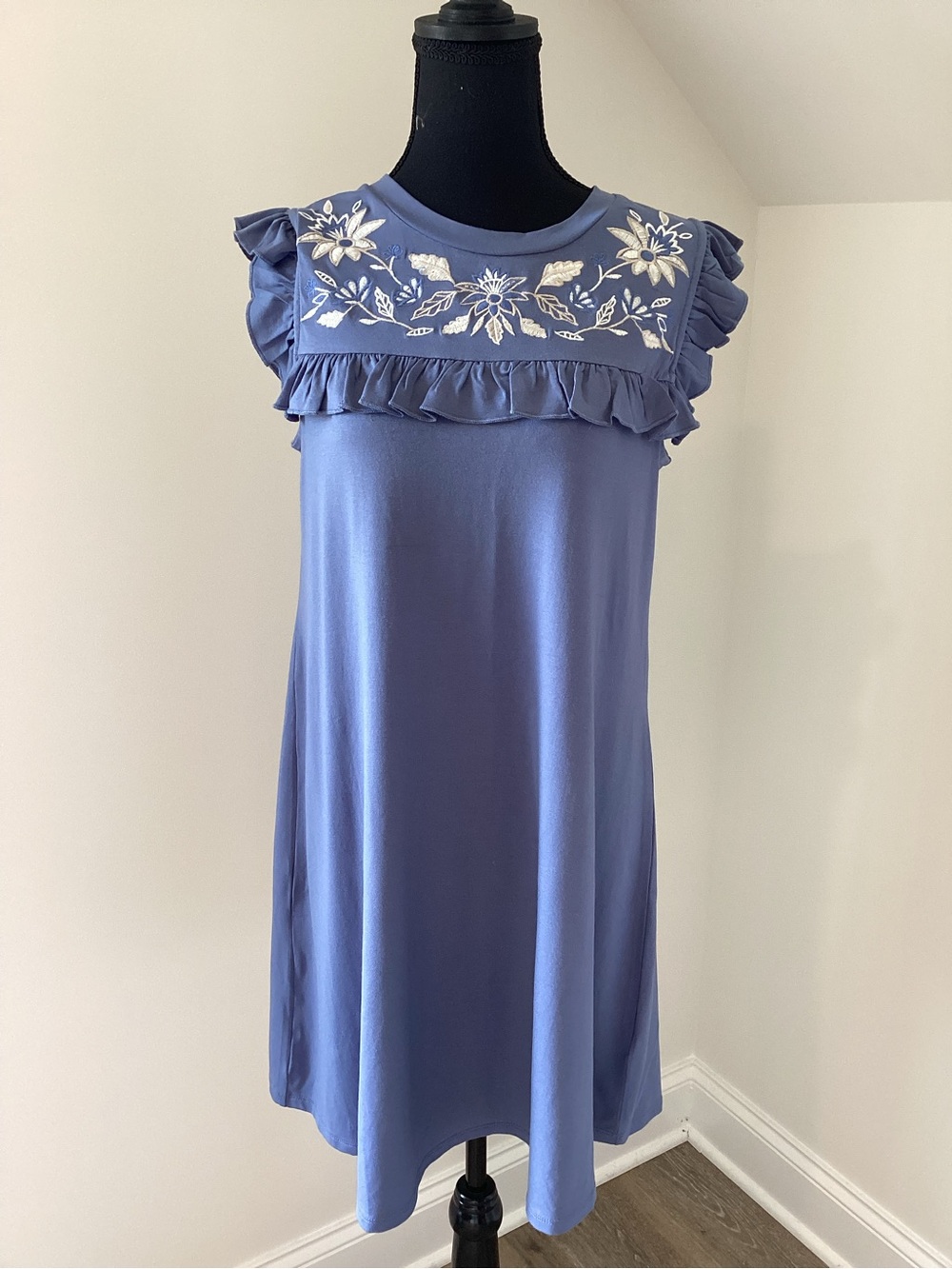 Cupio Embroidered Ruffle Shift Dress Blue Boho Cottagecore Medium